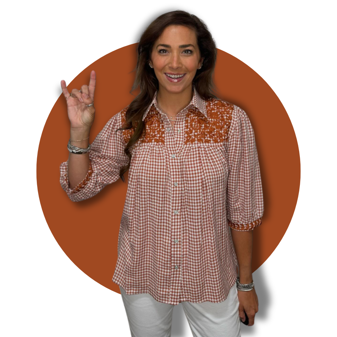 PRE-ORDER: Longhorn Burnt Orange Gingham Cowgirl Blouse (shipping mid- –  SPIRIT DRESS