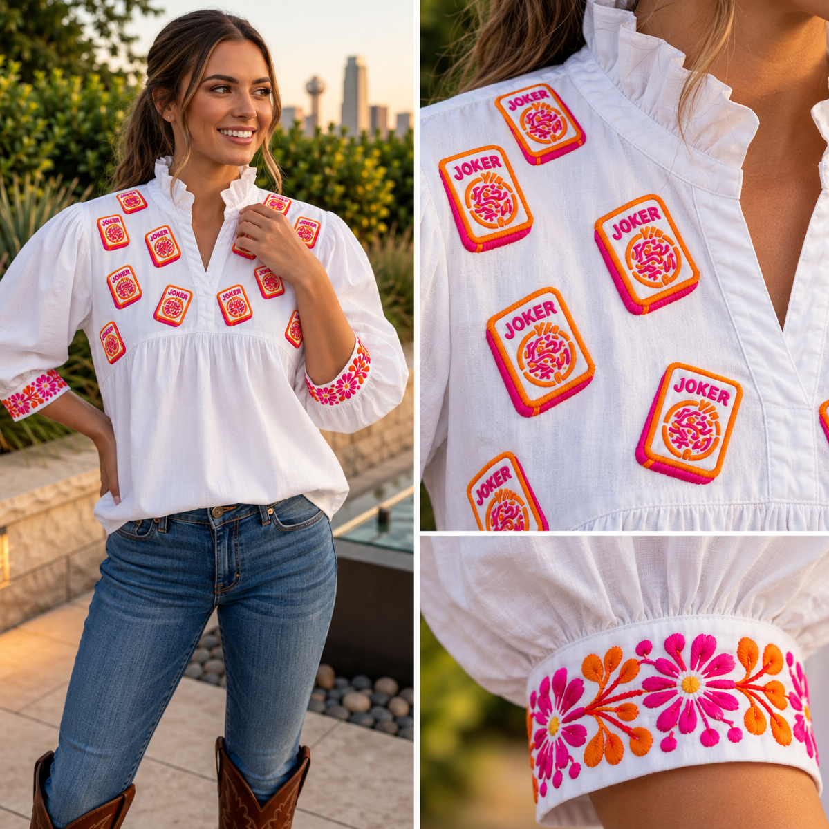 Mahjong Hot Pink + Tangerine Tailgater Blouse with embroidered Joker tiles and floral mahjong-inspired cuffs