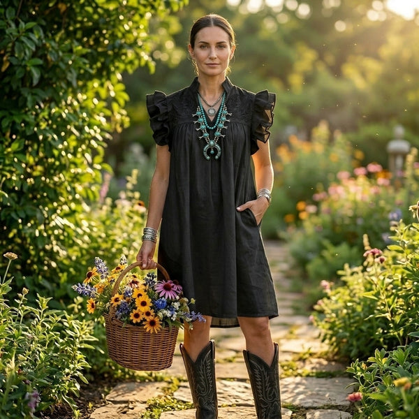 Double Black Linen Hummingbird Dress