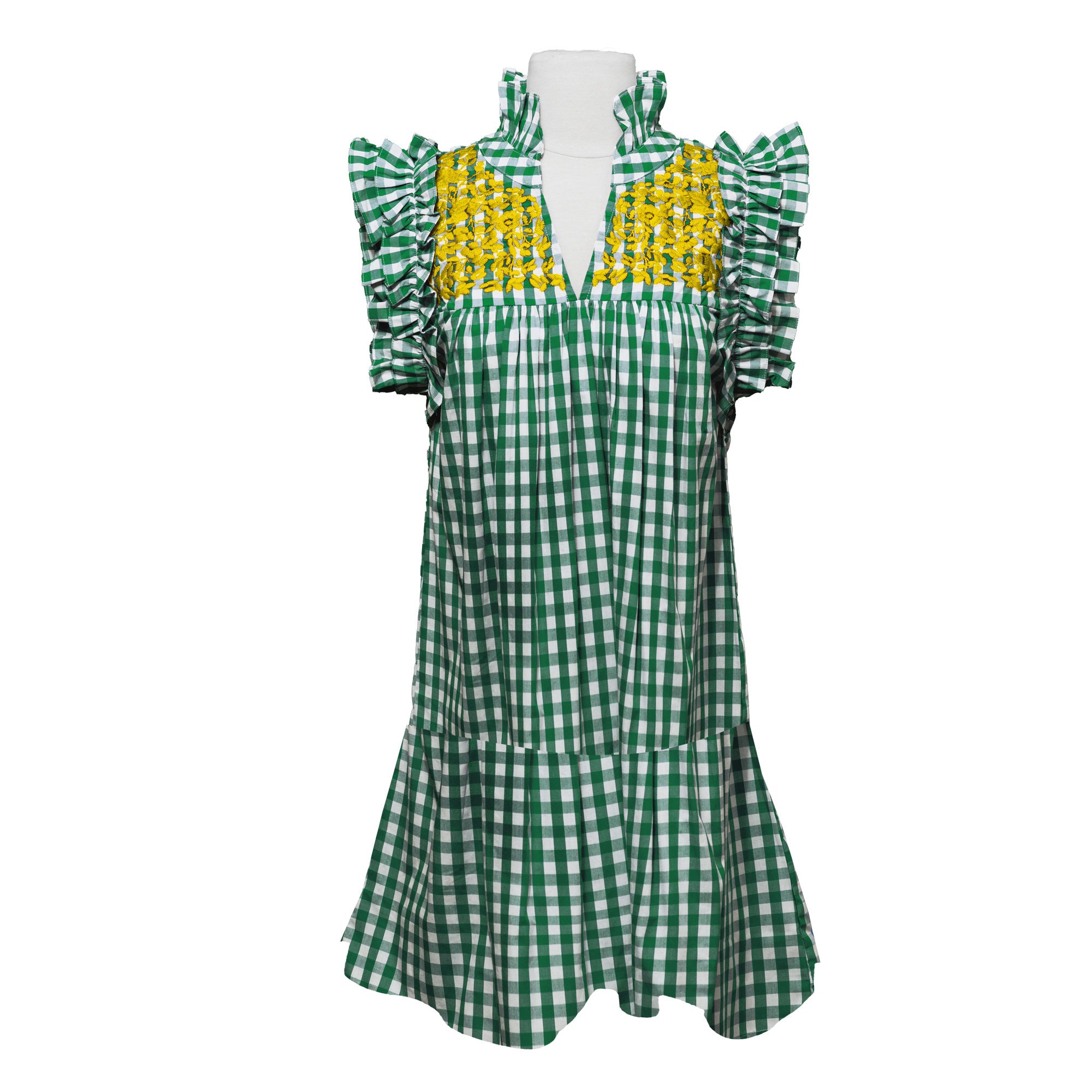 PRE-ORDER: Baylor Green Buffalo Check Gingham + Gold Hummingbird Dress ...