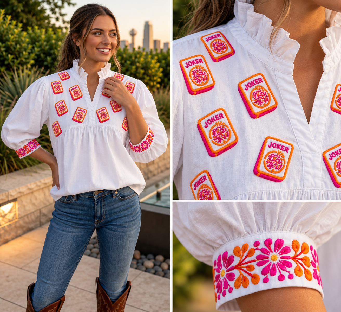 Mahjong Hot Pink + Tangerine Tailgater Blouse with embroidered Joker tiles and floral mahjong-inspired cuffs