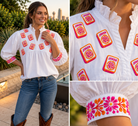 Mahjong Hot Pink + Tangerine Tailgater Blouse with embroidered Joker tiles and floral mahjong-inspired cuffs