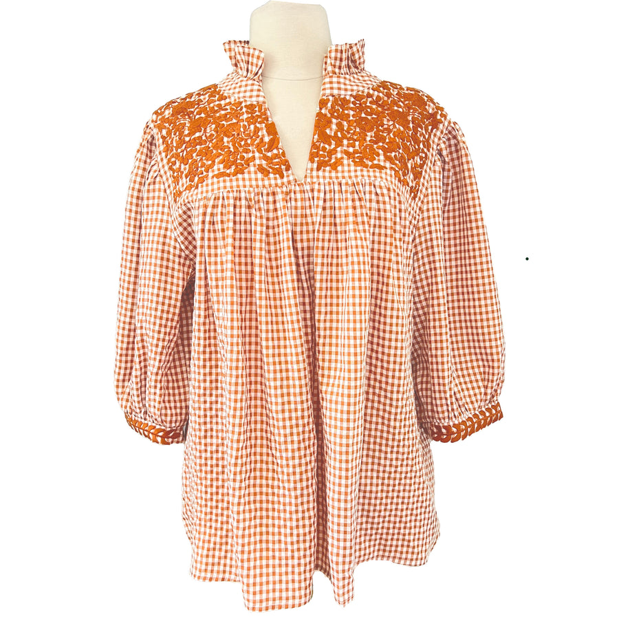 PRE-ORDER: Bright Orange Gingham Tailgater Blouse (Shipping October 9th)
