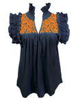 Navy + Bright Orange Hummingbird Blouse