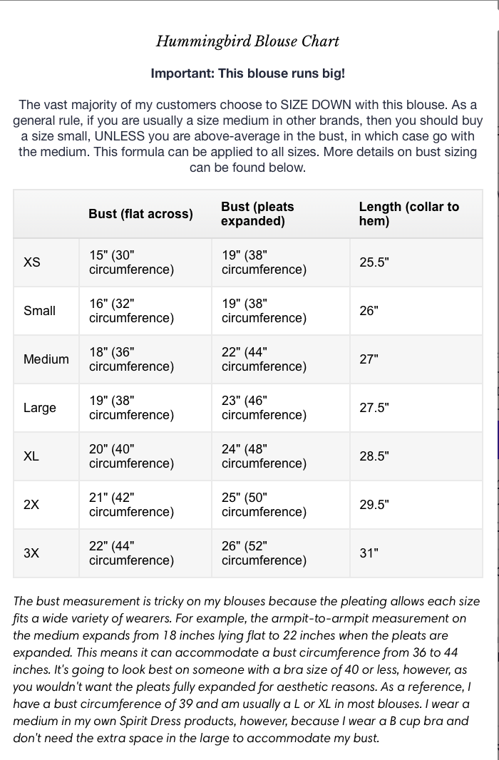 Size Charts SPIRIT DRESS