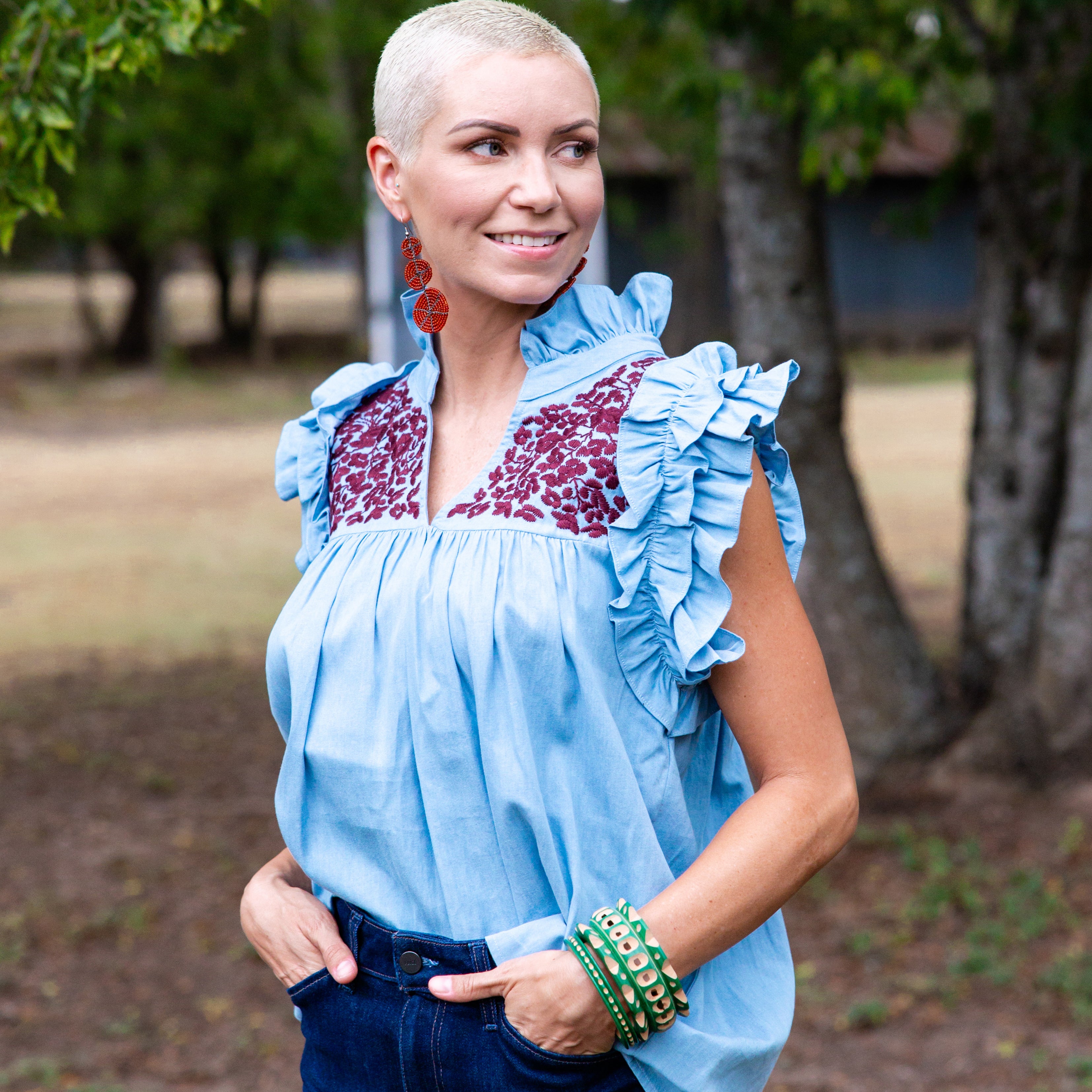 Faded Denim + Maroon Hummingbird Blouse – SPIRIT DRESS