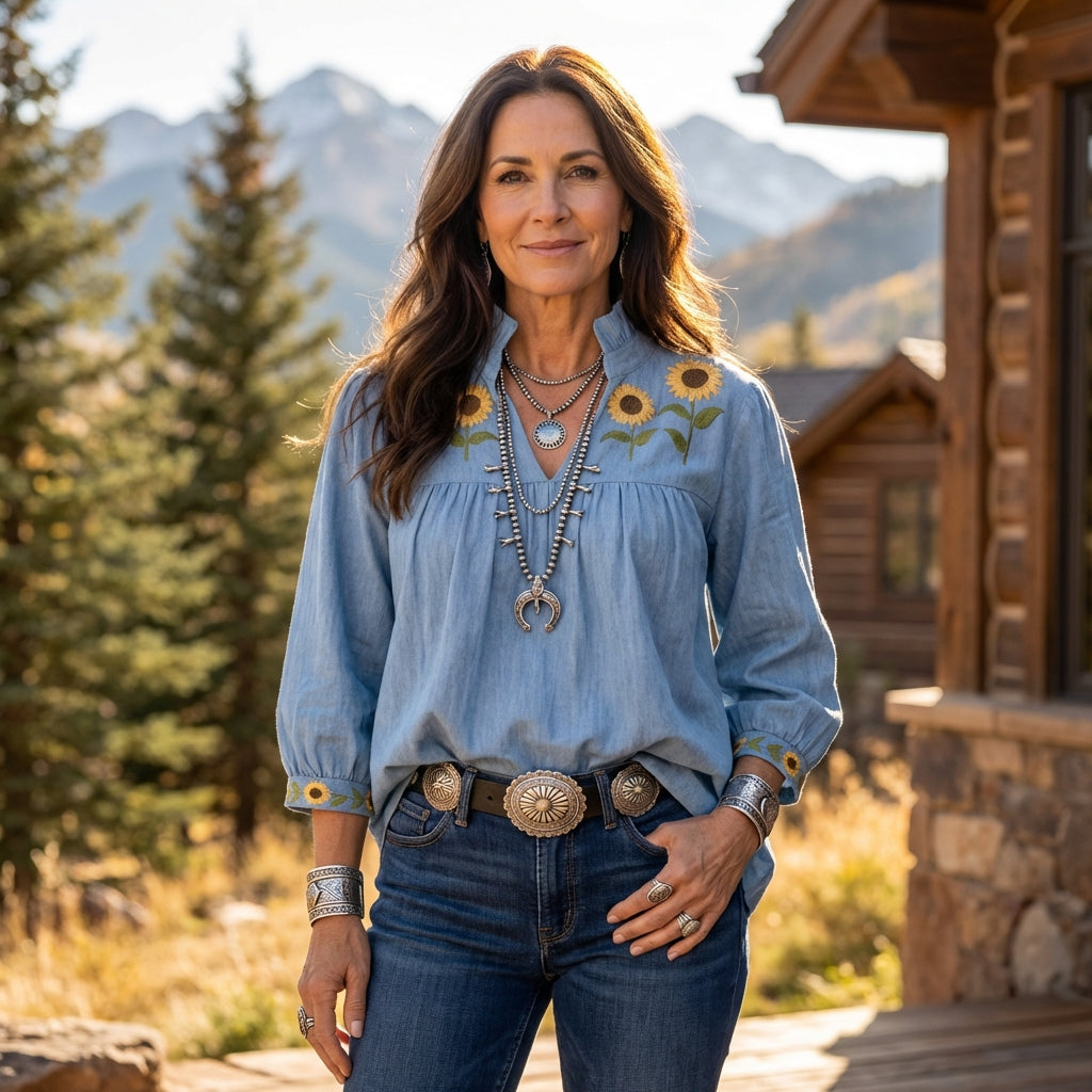 Faded Denim Sunflower Tailgater Blouse – SPIRIT DRESS