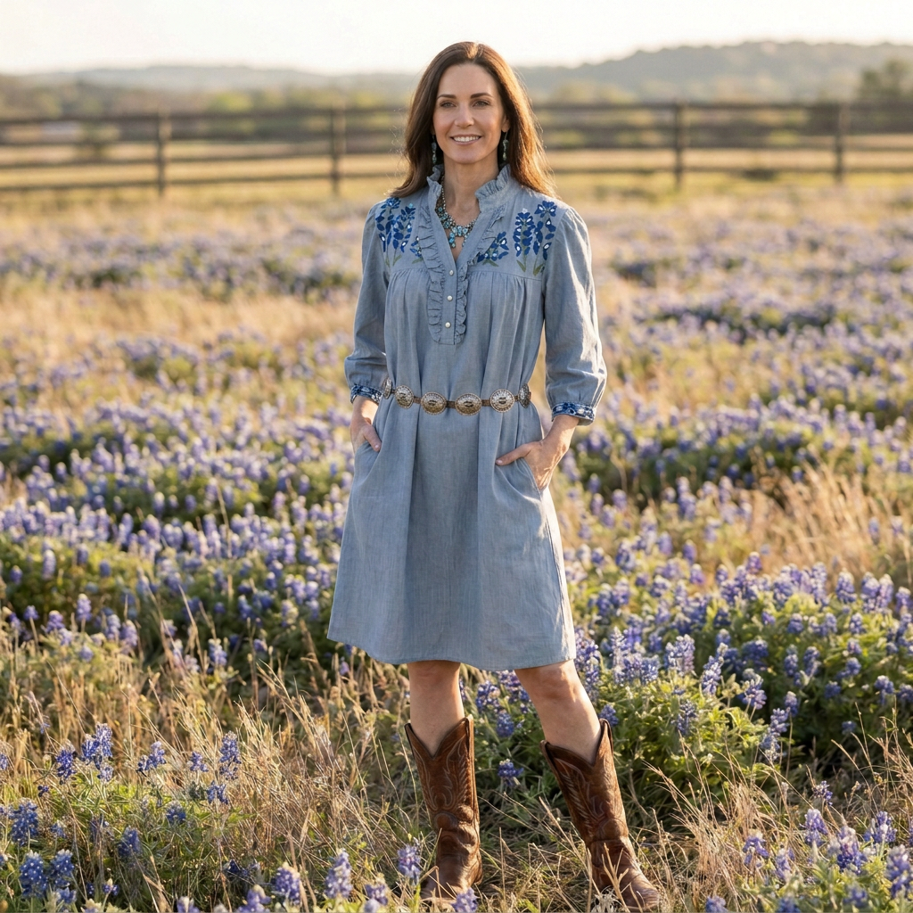 Faded Denim Bluebonnet Western Dress with Pockets – SPIRIT DRESS