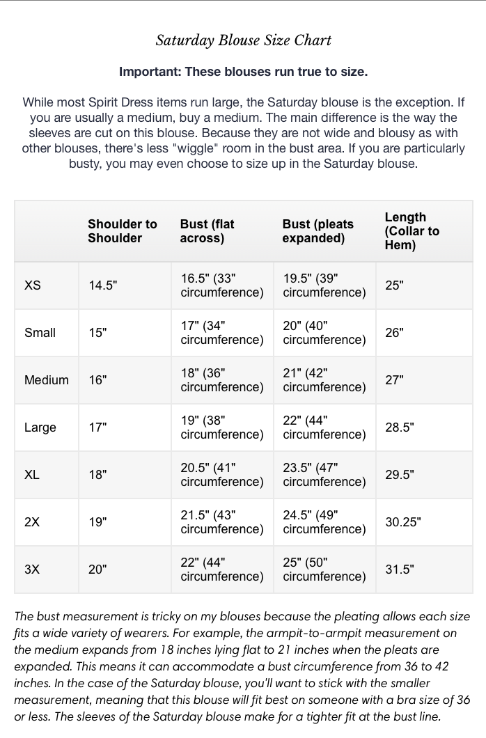 Size Charts SPIRIT DRESS Size Charts SPIRIT DRESS