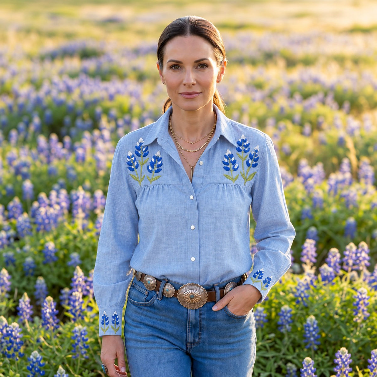 Sky blue chambray pearl-snap Cowgirl+ Blouse with bluebonnet embroidery on the yoke and cuffs, tucked into jeans with a concho belt