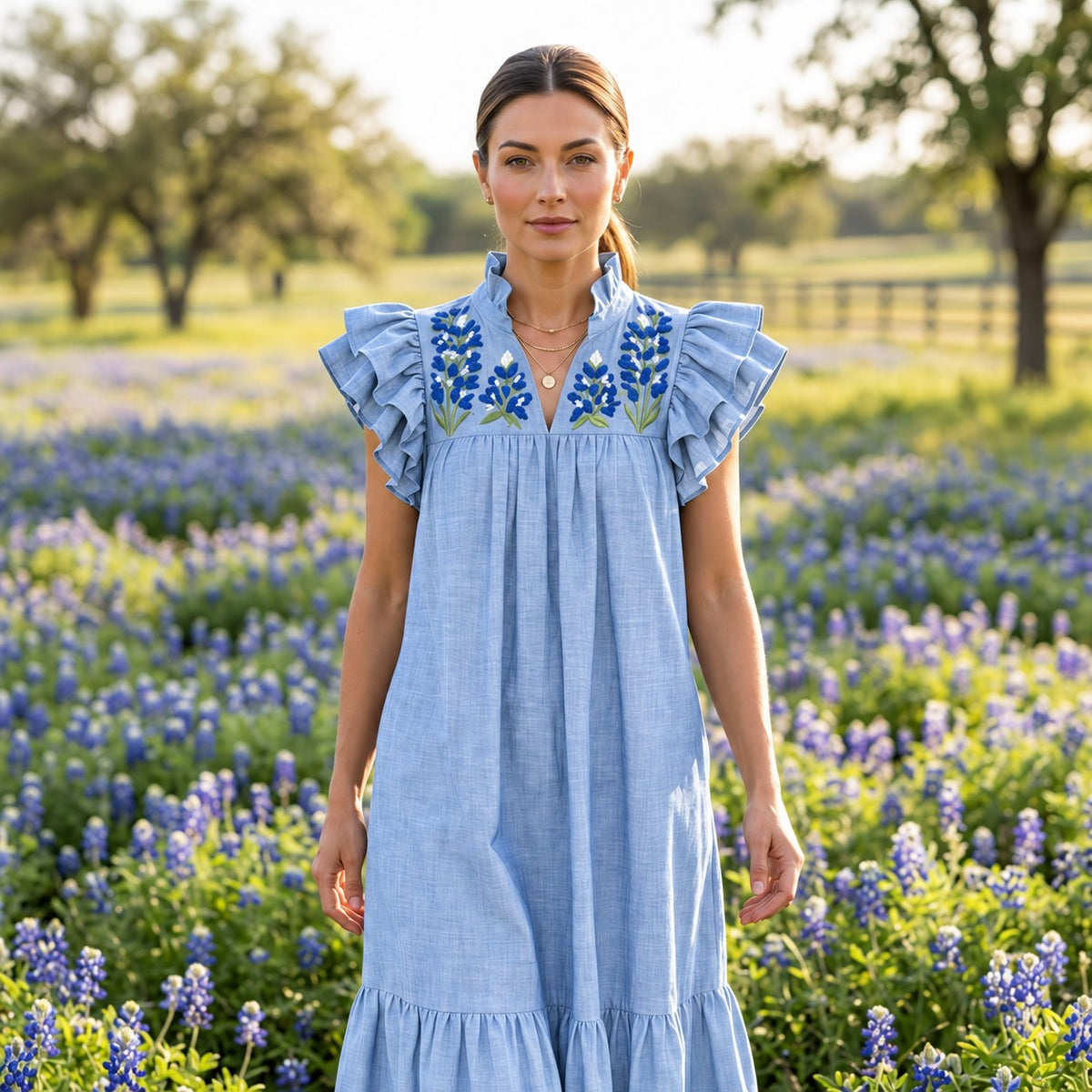 Sky blue chambray midi dress with bluebonnet embroidery on the yoke, ruffle collar and ruffle sleeves, worn in a Texas bluebonnet field