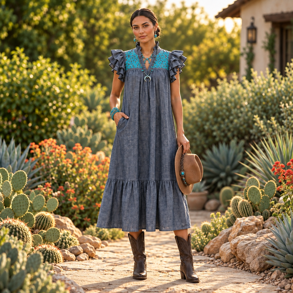 Weathered Navy Chambray + Turquoise Midi Dress
